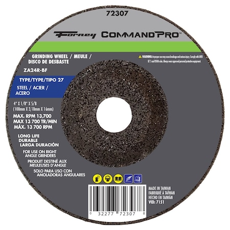 Forney Grinding Wheel, Metal, Type 27, 4 in x 1/4 in x 5/8 in 72307